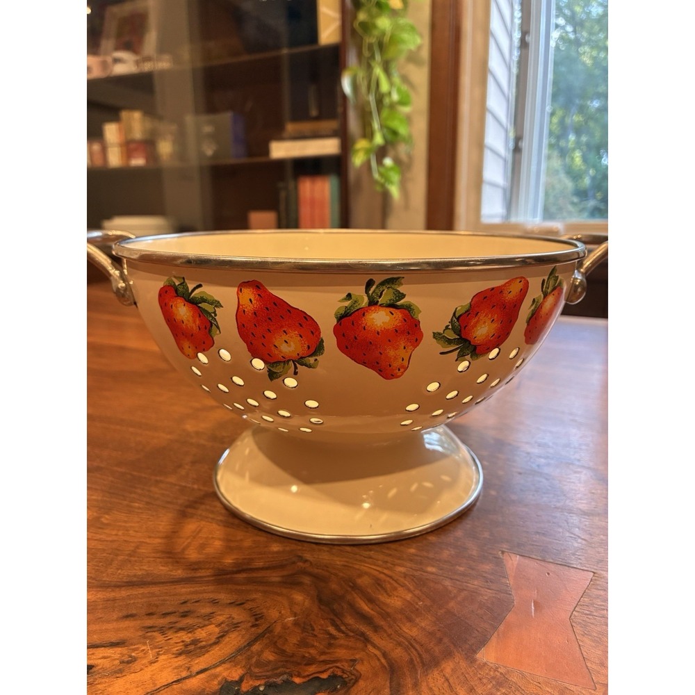 Vintage MCM Kobe Colander Footed Enamel With Handles Strawberries Design